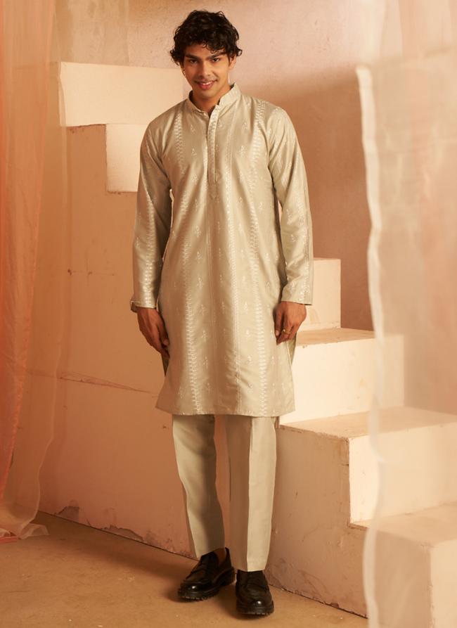 Silk Light Green Ceremonial Wear Embroidery Work Readymade Kurta Pajama